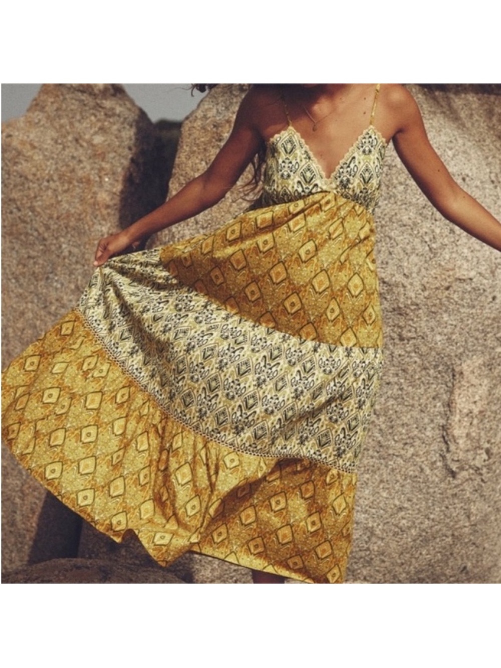 Zara Boho Yellow Printed Tiered Maxi Dress